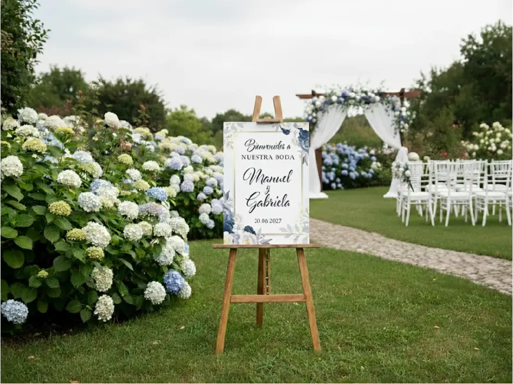 Cartel de Bienvenida para Boda Floral azul [CBBO1001-1].webp
