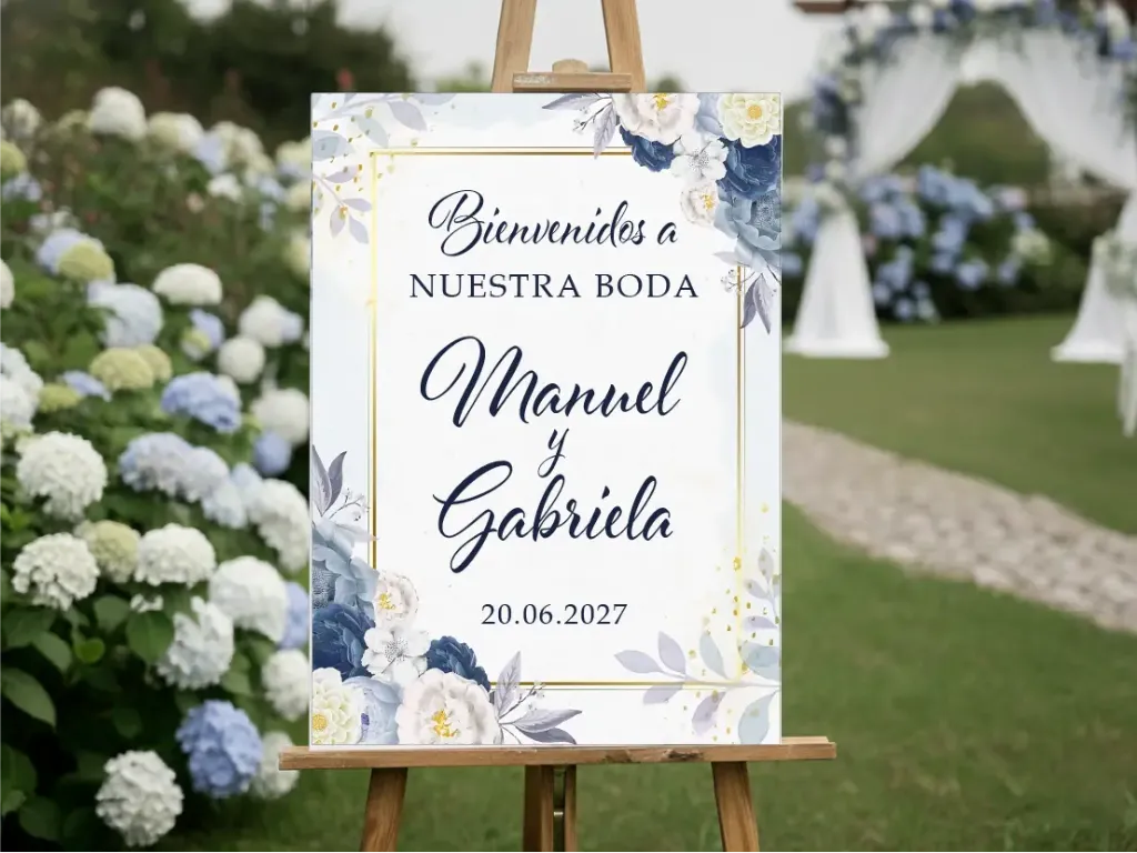 Cartel de Bienvenida para Boda Floral azul [CBBO1001-2].webp