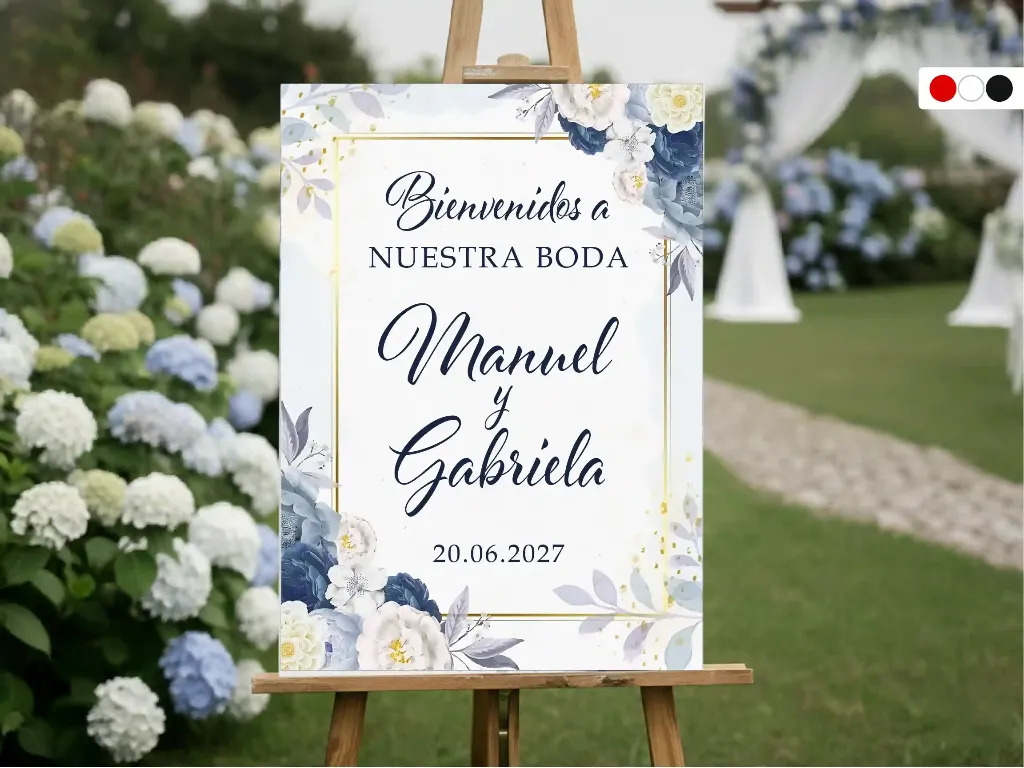 Cartel de Bienvenida para Boda Floral azul [CBBO1001-6].webp