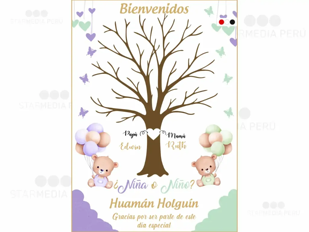 Cartel de Bienvenida Árbol de Huellas Osos para Revelación de Género