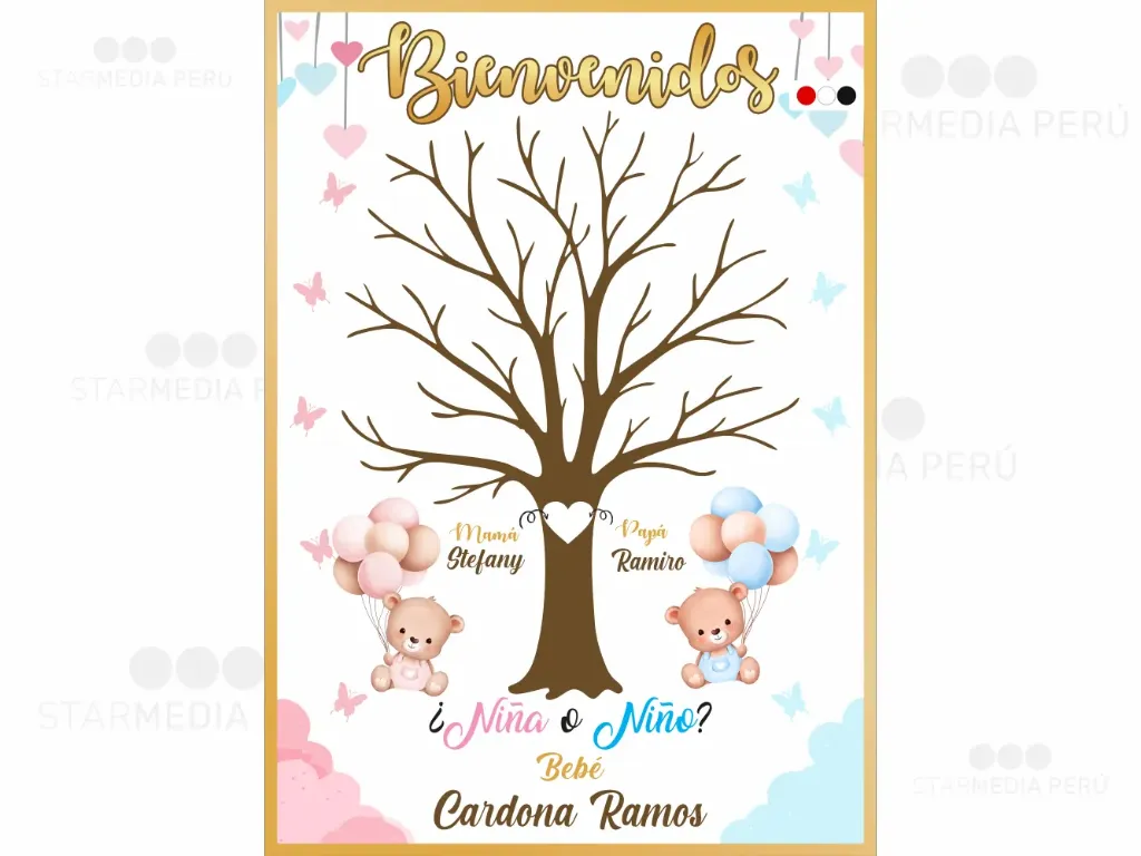 [CBRG1208] Cartel de Bienvenida Árbol de Huellas Ositos para Revelación de Género (Mate (base), 45 x 60 cm)