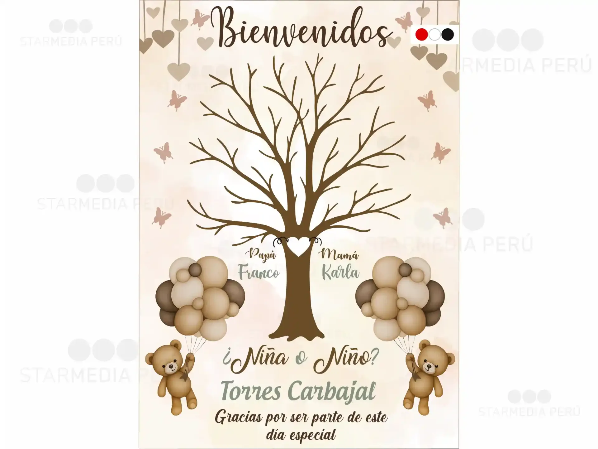Cartel de Bienvenida Árbol de Huellas Globos para Revelación de Género