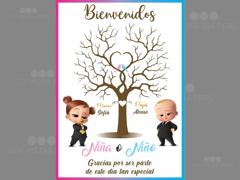 [CBRG1109] Cartel de Bienvenida Árbol de Huellas Jefe en Pañales para Revelación de Género (Mate (base), 45 x 60 cm)
