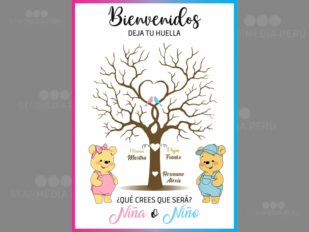 Cartel de Bienvenida Árbol de Huellas Winnie Pooh para Revelación de Género