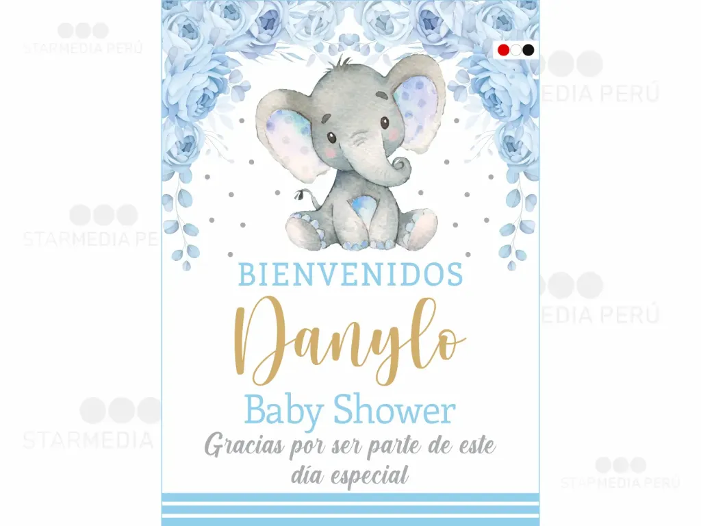 [CBBS1100] Cartel de Bienvenida Elefante Floral Celeste (Mate (base), 45 x 60 cm)